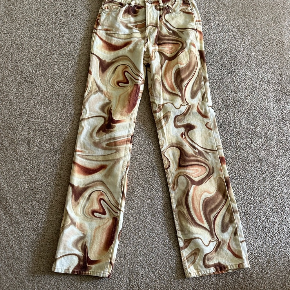 Zara Straight Leg Cream and Brown Artistic Pants